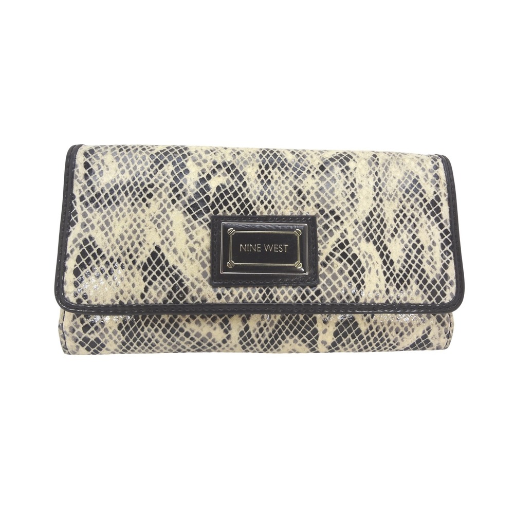 Nine West‎ Snakeskin Print Trifold Wallet Clutch Black Beige